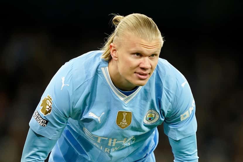 Manchester City's Erling Haaland reacts during the English Premier League soccer match...