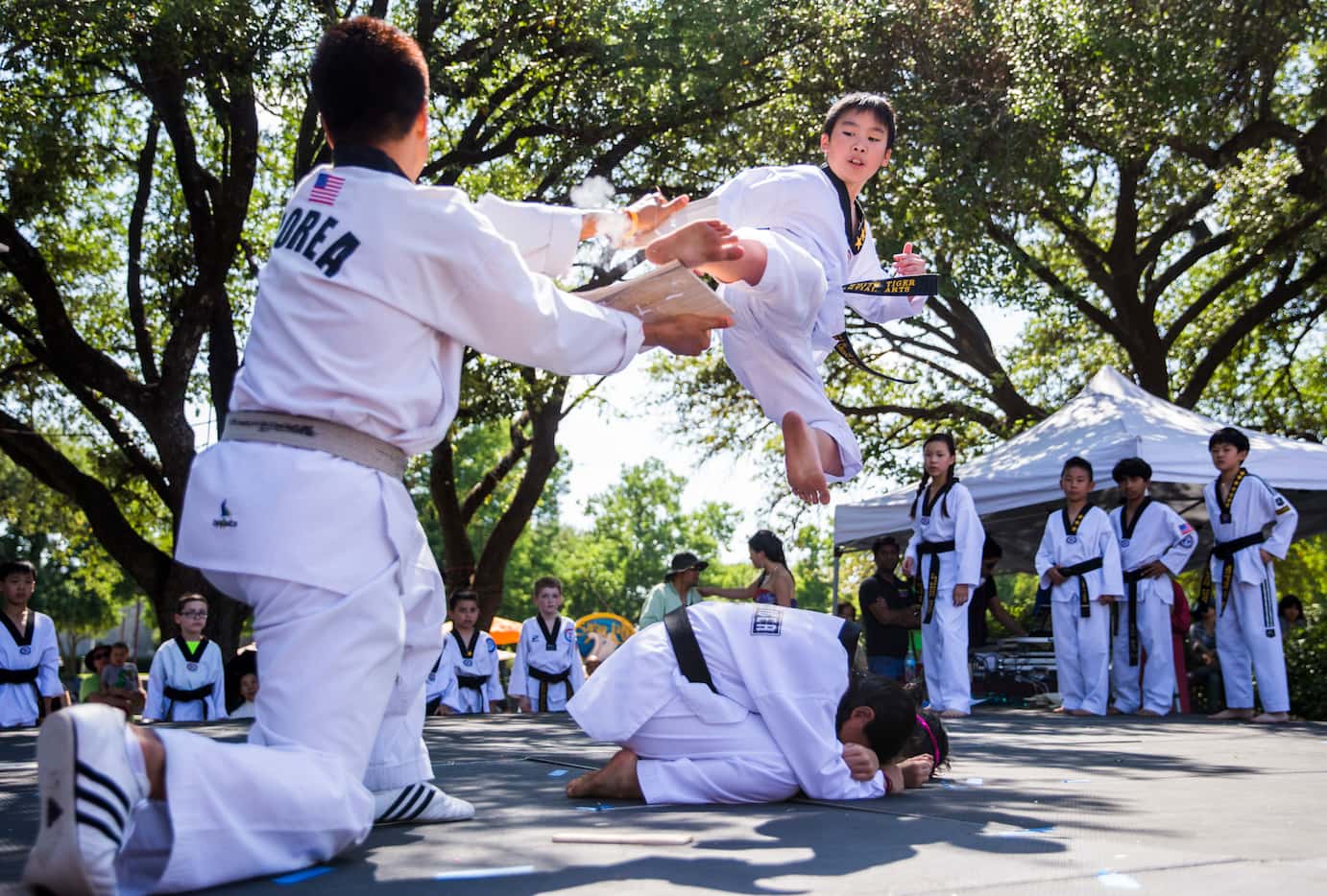 Ayden Nguyen, 11, breaks a board held by Master Joung-Hun Bang as they perform with other...
