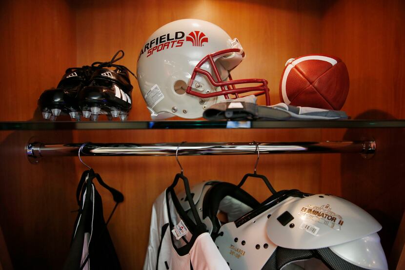 The lobby of Learfield's Plano headquarters includes a mock locker room.