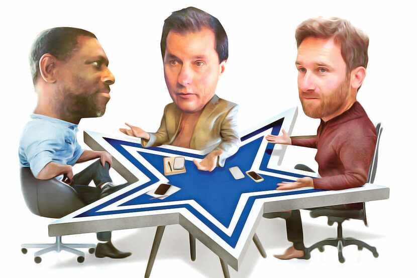 An illustration of The Dallas Morning News' Cowboys beat reporters Calvin Watkins (left),...