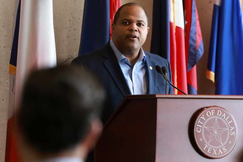 Mayor Eric Johnson speaks during a news conference at Dallas City Hall in February 2023.