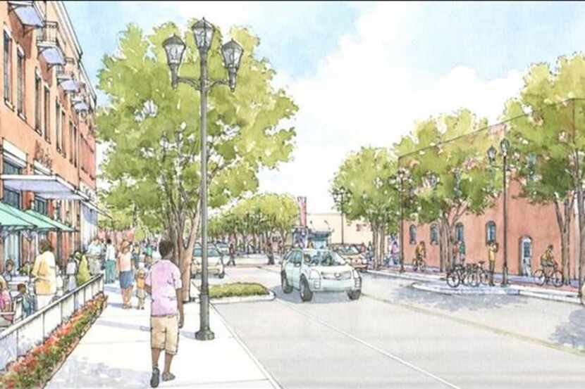 A rendering shows Irving Boulevard with expanded sidewalks, trees and bicycle lanes.