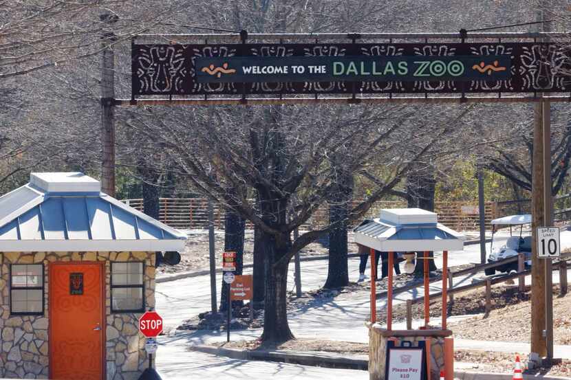 The entrance at the Dallas Zoo is shown Friday morning, Jan. 13, 2023. A missing clouded...