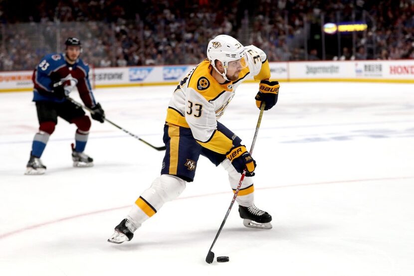 DENVER, CO - APRIL 22: Viktor Arvidsson #33 of the Nashville Predators looks for an opening...