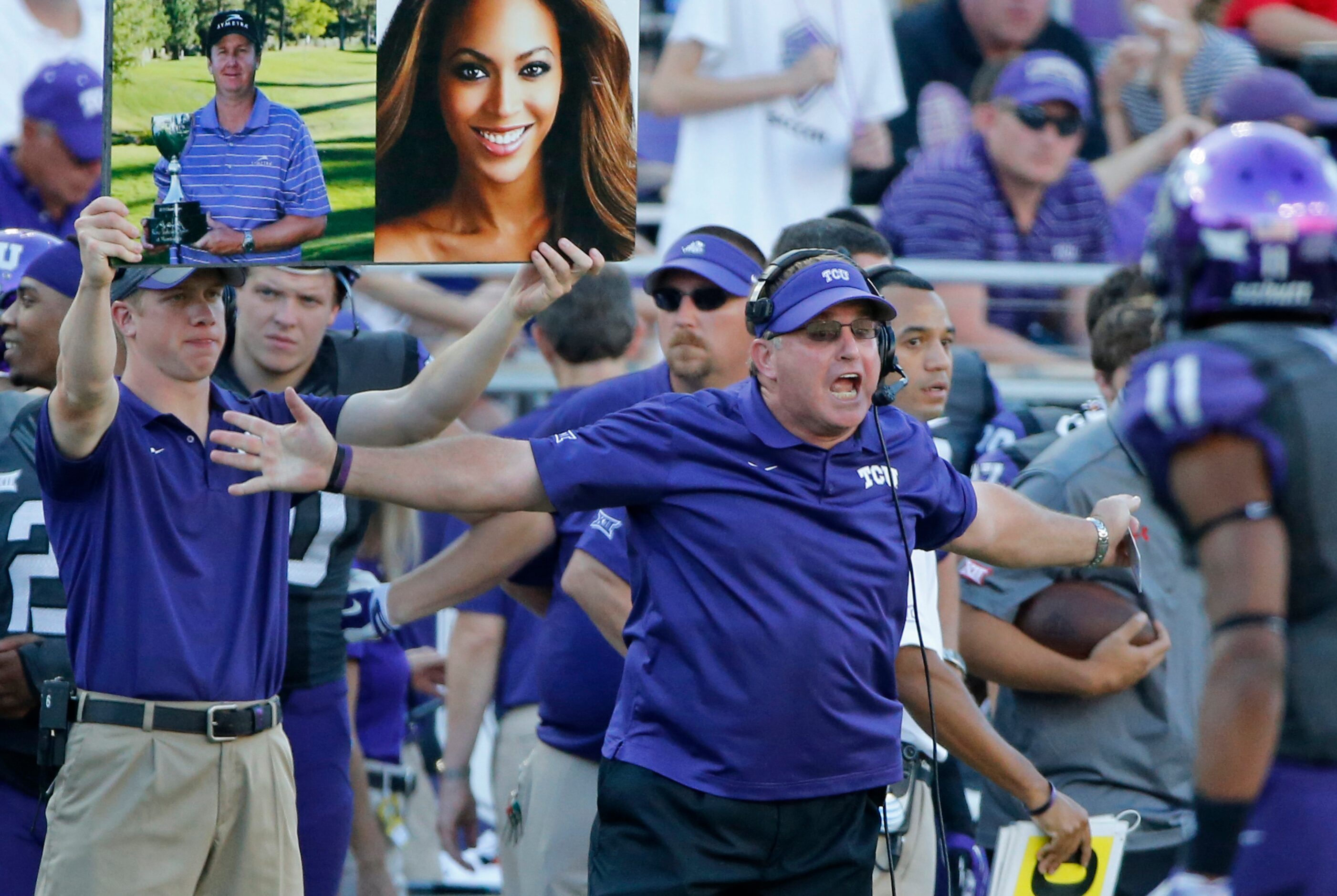 TCU head coach Gary Patterson exhorts his team in the third quarter during the Texas Tech...