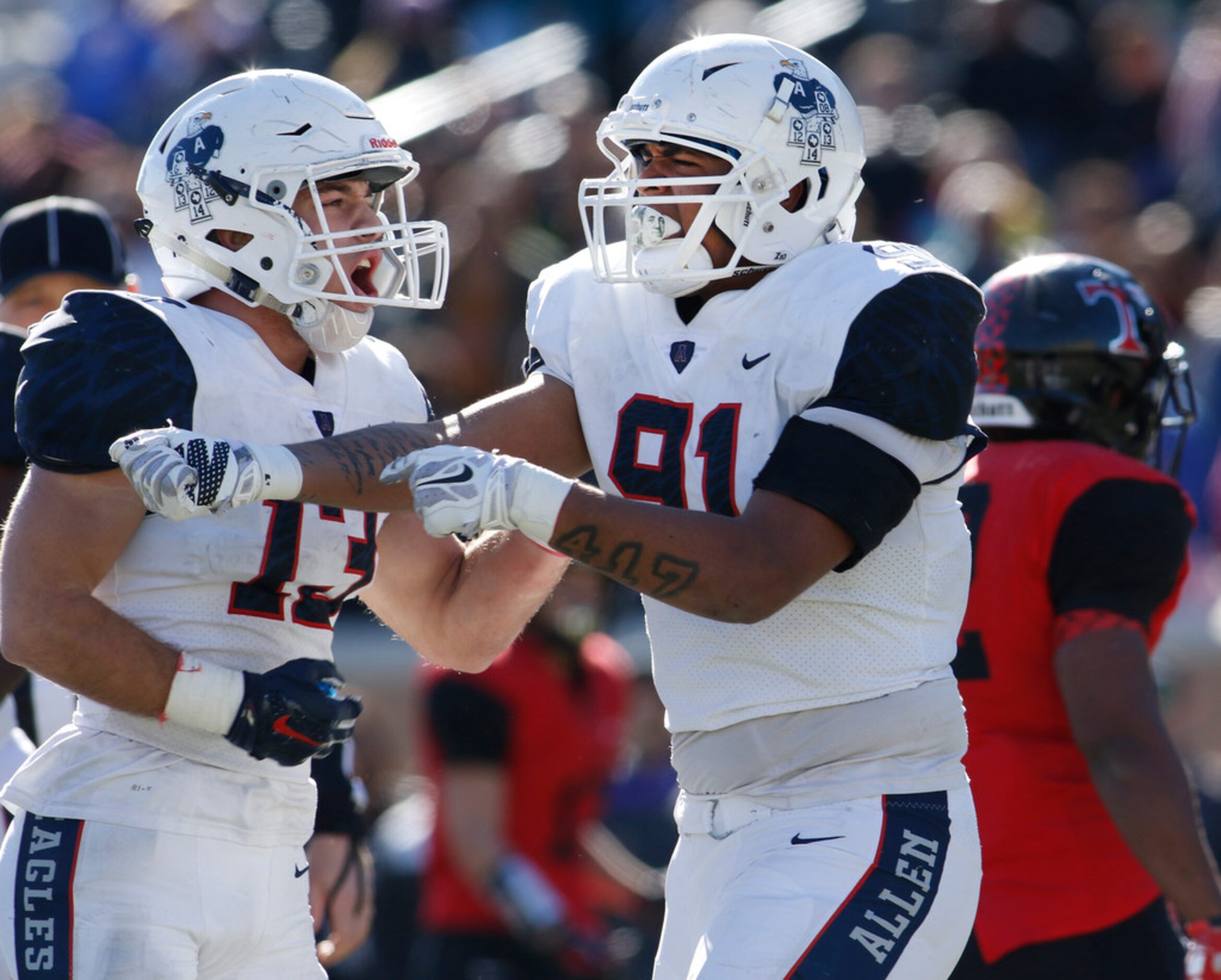 Allen Eagles defensive lineman Deondre Davis (91) celebrates his first half quarterback sack...