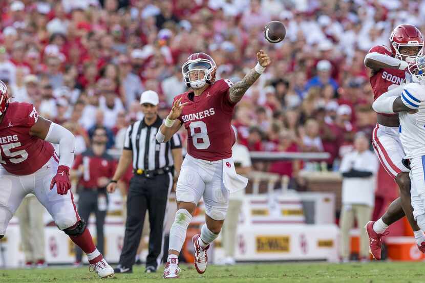 Oklahoma quarterback Dillon Gabriel (8) throws a pass during the first half of the team's...