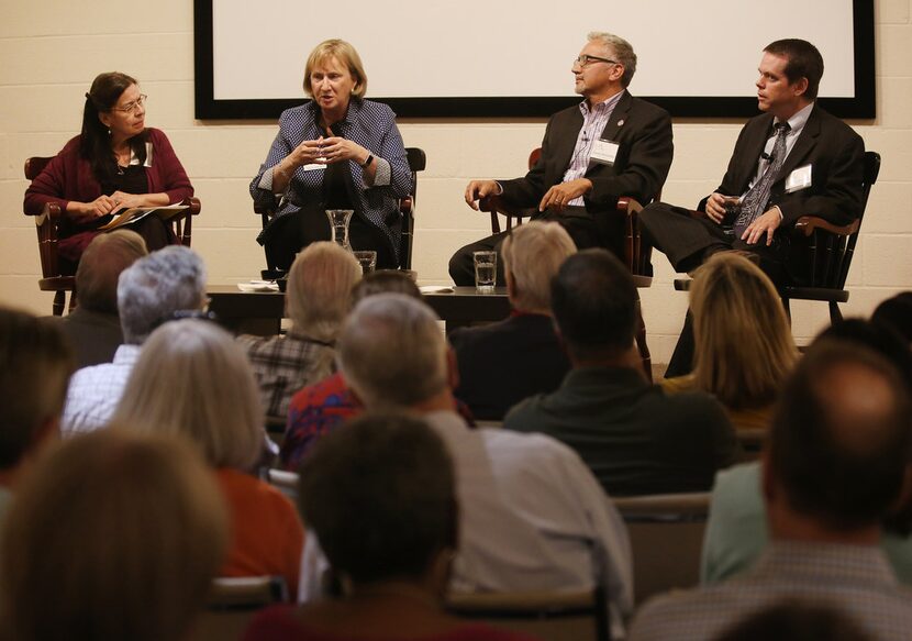 Rita Kirk, of SMU, speaks while The Dallas Morning News senior writer Dianne Solis (from...