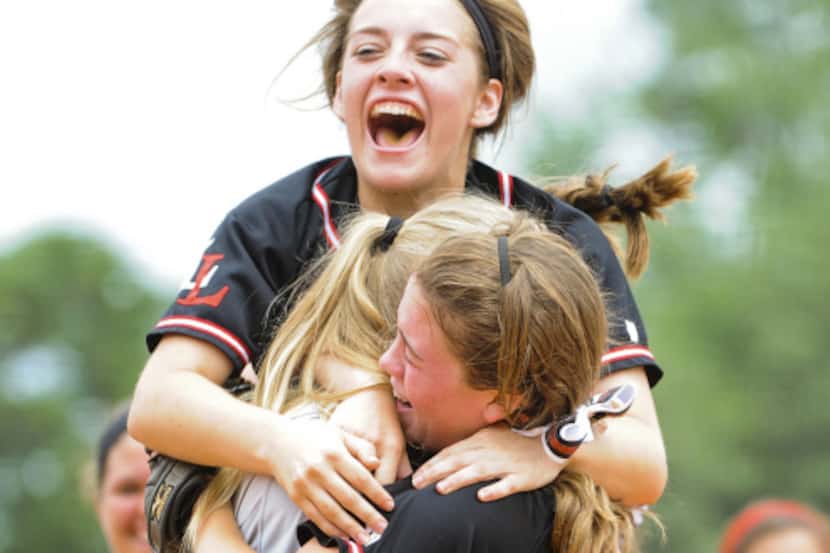 Lucas Lovejoy celebrates a win over Richmond Foster during the UIL Class 4A softball state...