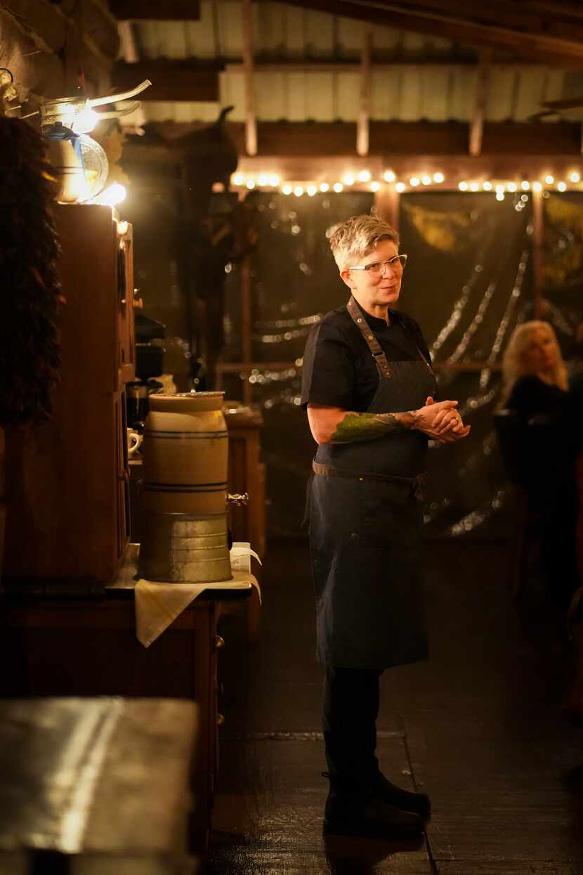 Chef Lisa Becklund talks with guests between courses of a special 'Autumn Tapestry" dinner...