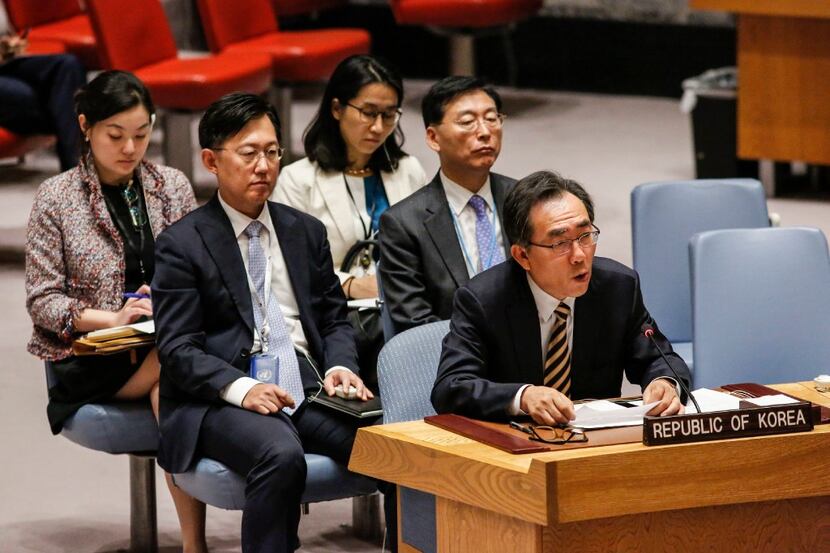 South Korean Ambassador to the UN Cho Tae-yul speaks at a UN Security Council emergency...