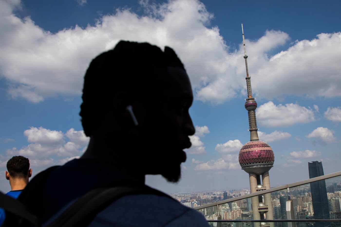 Dallas Mavericks guard Wesley Matthews is seen with the Oriental Pearl Tower as he arrives...