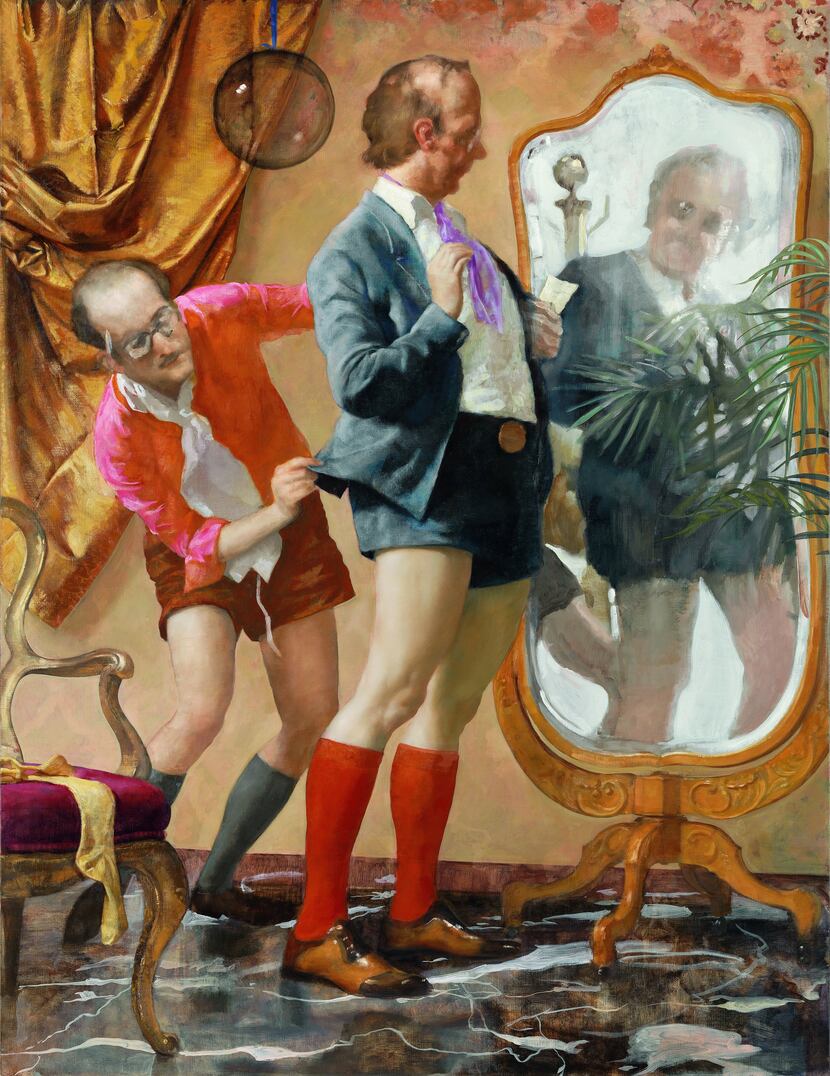 John Currin's "Hot Pants" from 2010 plays with views of the male image. (Oil on canvas, 78 x...