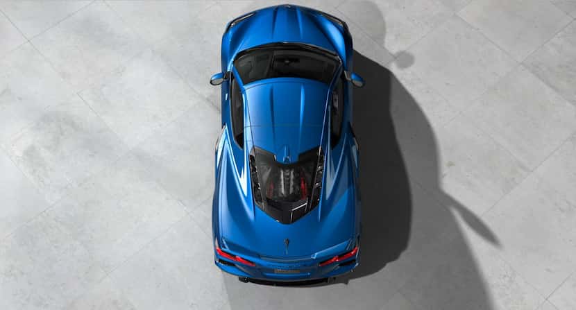 Overhead view of the 2020 Chevrolet Corvette C8 Stingray showing the midengine placement.