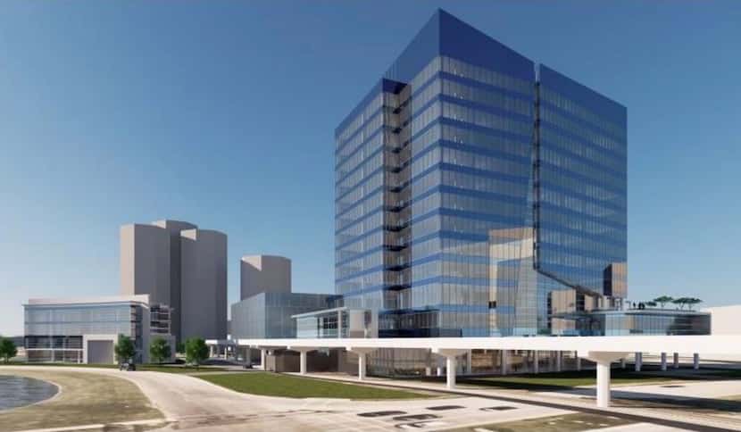 A rendering shows the State Bank of Texas building on the far left and the Christus tower.