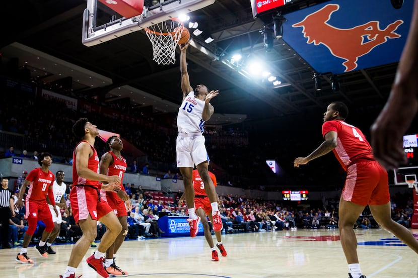 Southern Methodist Mustangs forward Isiaha Mike (15) goes up for a shot during the first...