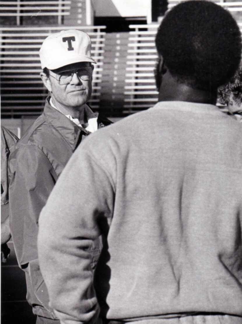 University of Texas football coach Darrell Royal and player Earl Campbell are seen in this...