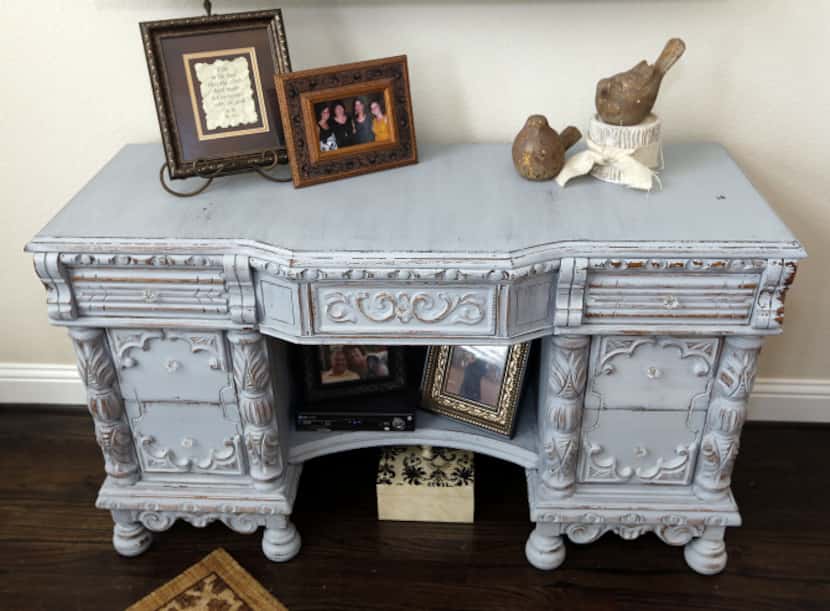 A desk in Donna Haile's living room bears one of the gray shades in  Miss Mustard Seed's...
