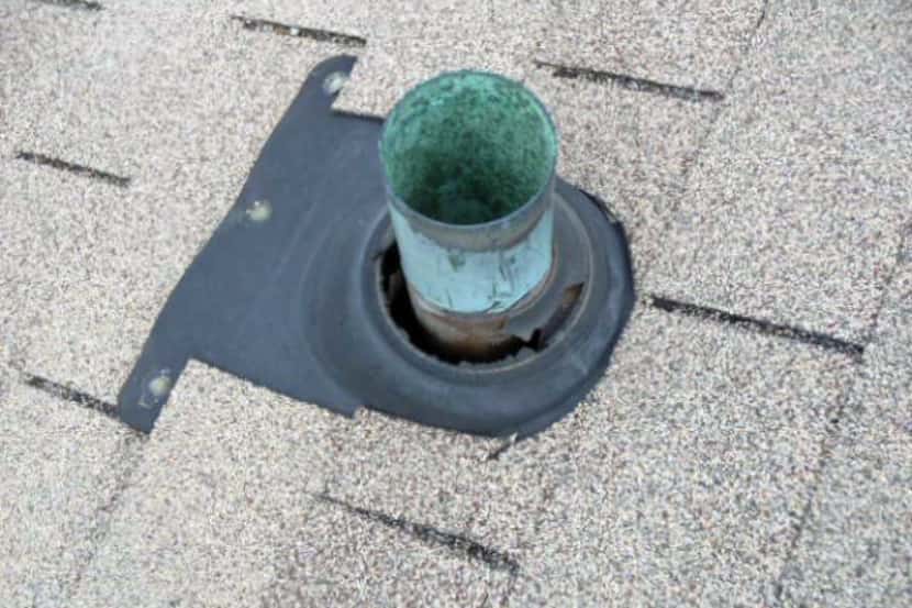 A damaged rubber boot on a bathroom vent pipe can lead to ceiling stains.