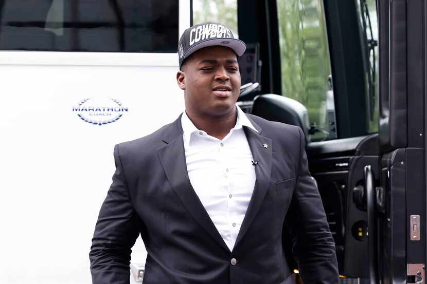 Dallas Cowboys first round draft pick Tyler Smith of Tulsa arrives at the Star in Frisco on...