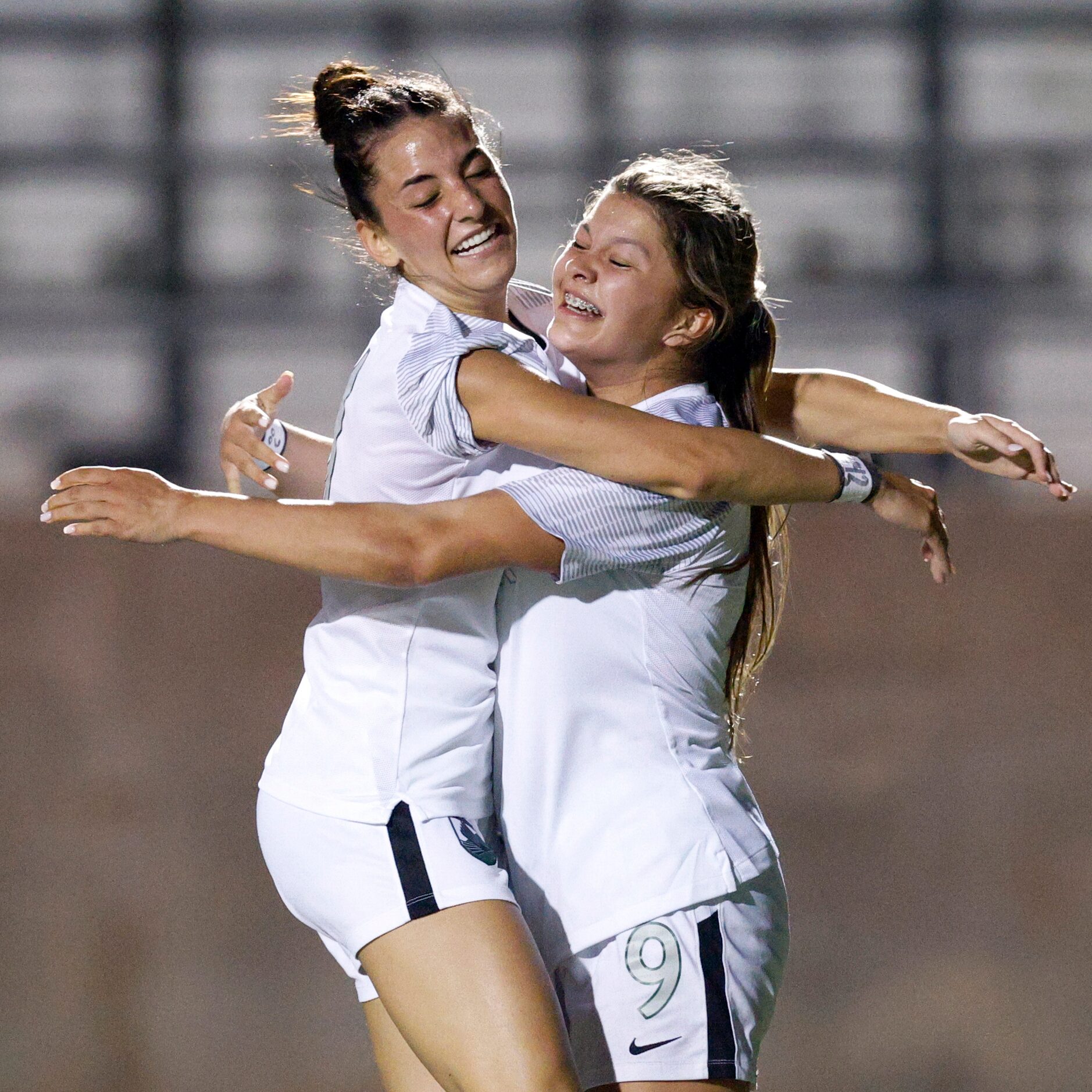 Prosper forward Brooklyn Miller (9) celebrates her goal with midfielder Emma Yolinsky (11)...