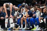 Dallas Mavericks guard Luka Doncic (77) reacts after a foul during the first half in Game 3...