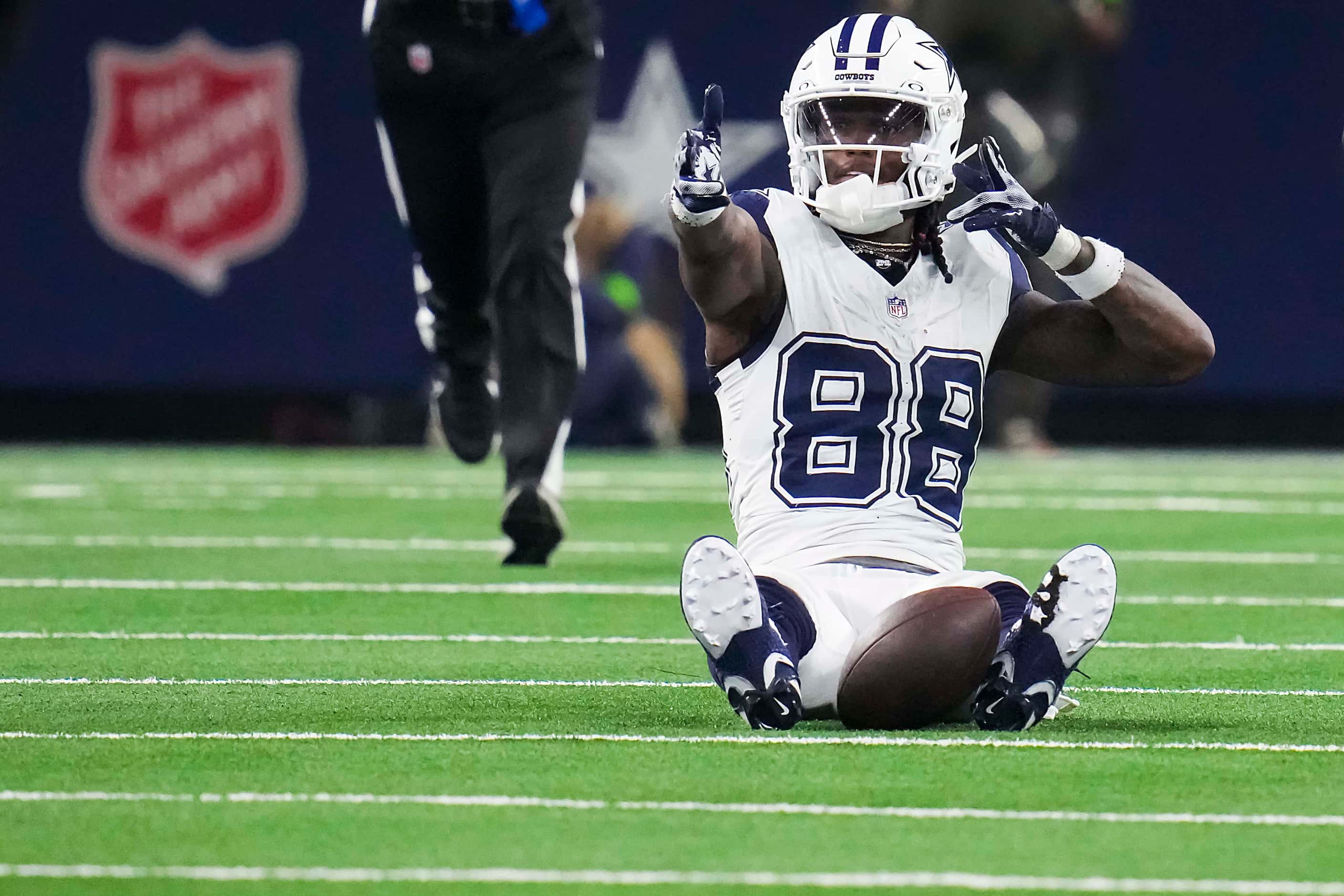 Dallas Cowboys wide receiver CeeDee Lamb celebrates after picking up a first down during the...