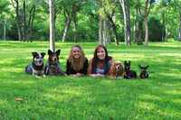 Two female dog trainers surrounded by five dogs