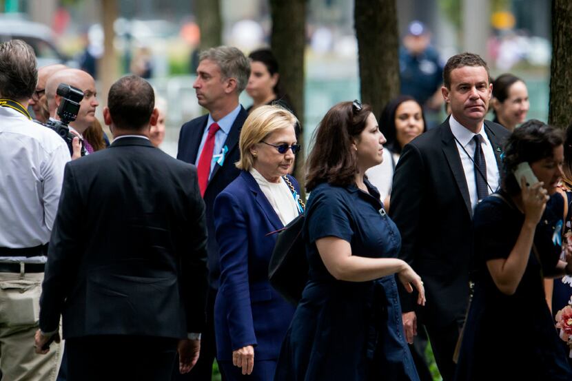 Hillary Clinton at a ceremony to mark the 15th anniversary of the 9/11 terrorist attacks, at...