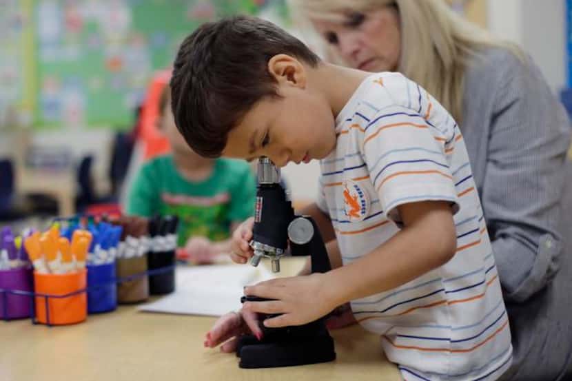 
A Pre-K student looks through a microscope at the South Education Center in San Antonio. 
