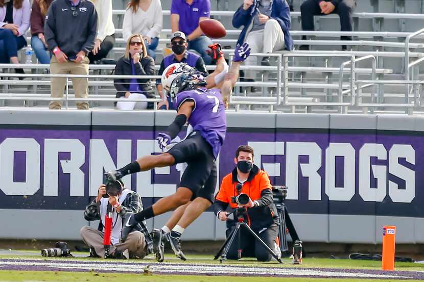 FILE - TCU safety Trevon Moehrig (7) defends a pass during a game against Oklahoma State on...