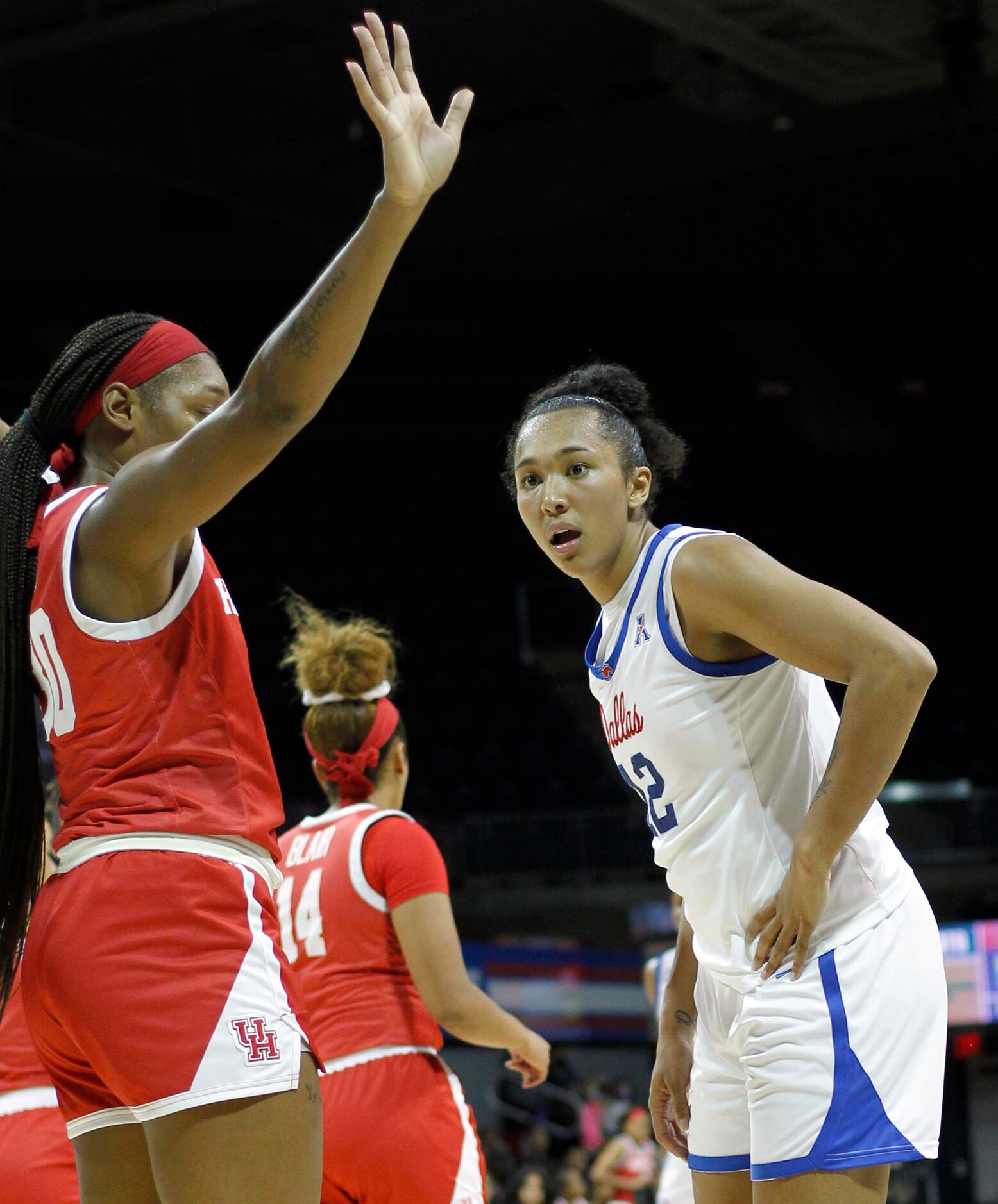 SMU forward Savannah Wilkinson (12) reacts to a game official's call during the fourth...