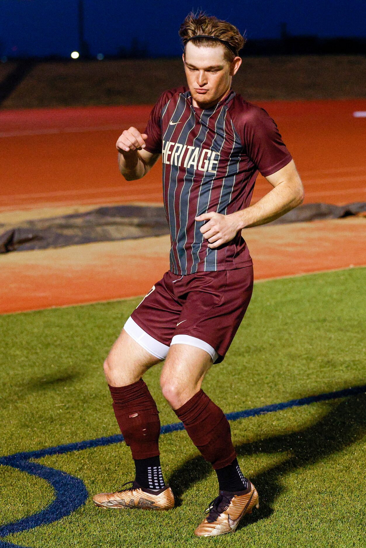 Frisco Heritage forward Jacob Culpepper (8) dances as he celebrates a goal during the first...