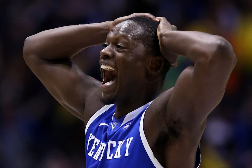 INDIANAPOLIS, IN - MARCH 30:  Julius Randle #30 of the Kentucky Wildcats celebrates after...