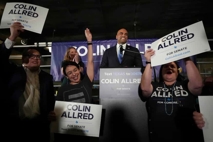 Democratic party U.S. Senate candidate Colin Allred addresses supporters during a primary...