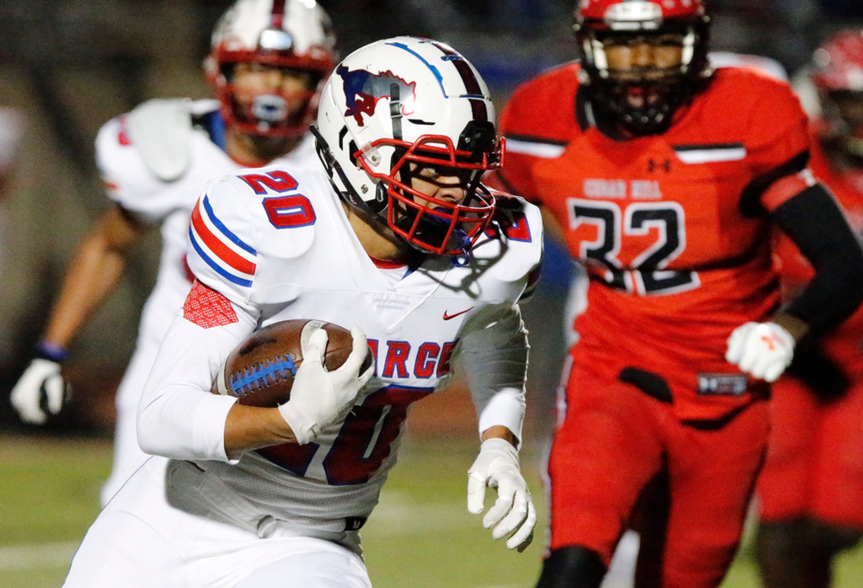 Pearce High School running back Jasyon Gorrell (20) carries the football during the first...