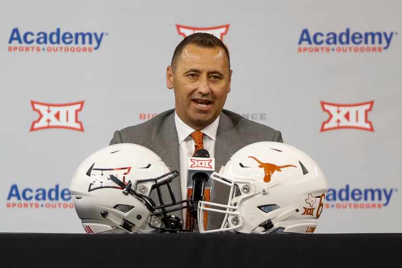 Texas head football coach Steve Sarkisian speaks during the Big 12 Conference Media Days at...