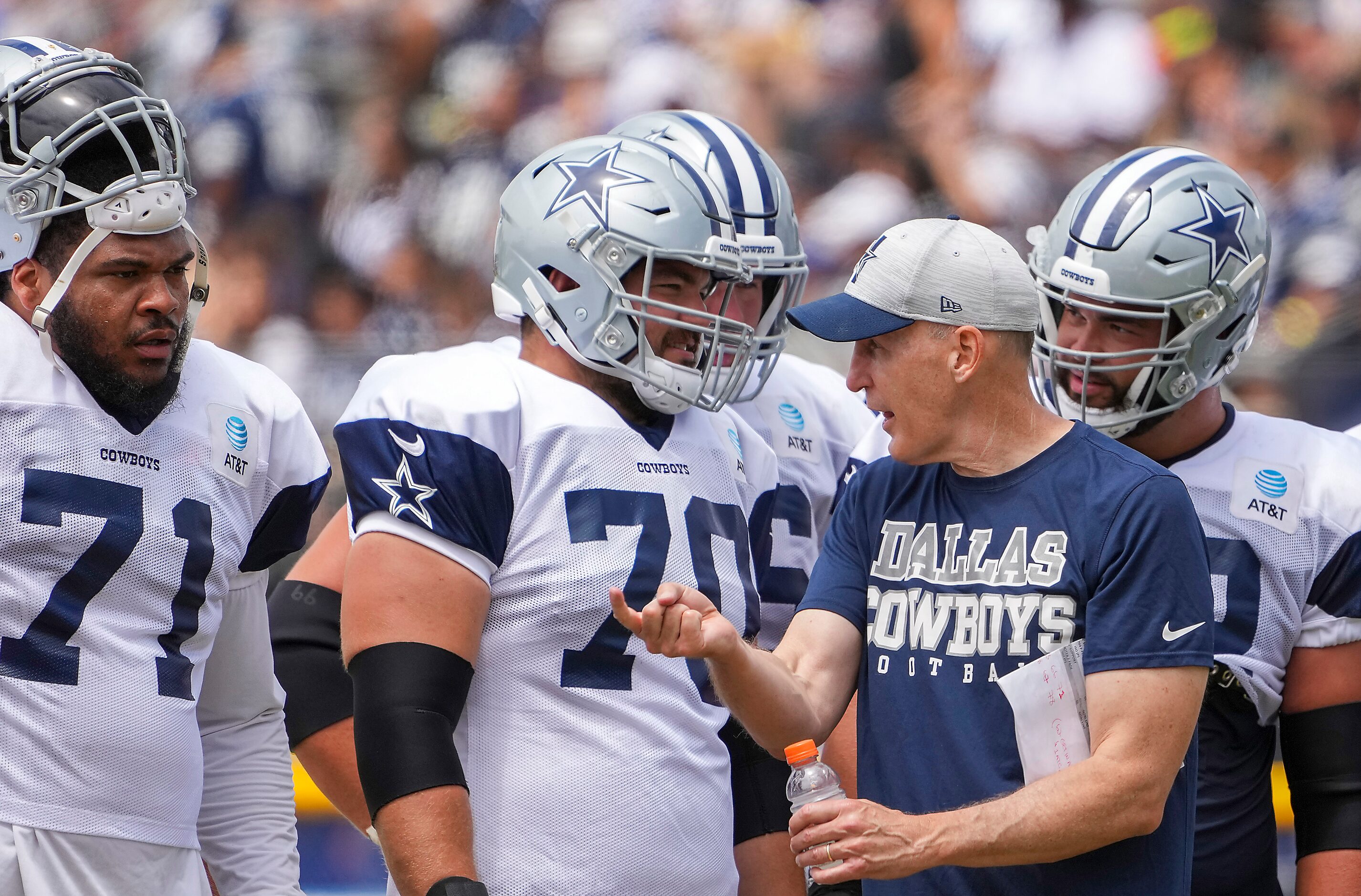 Dallas Cowboys offensive line coach Joe Philbin works with tackle La'el Collins (71), guard...