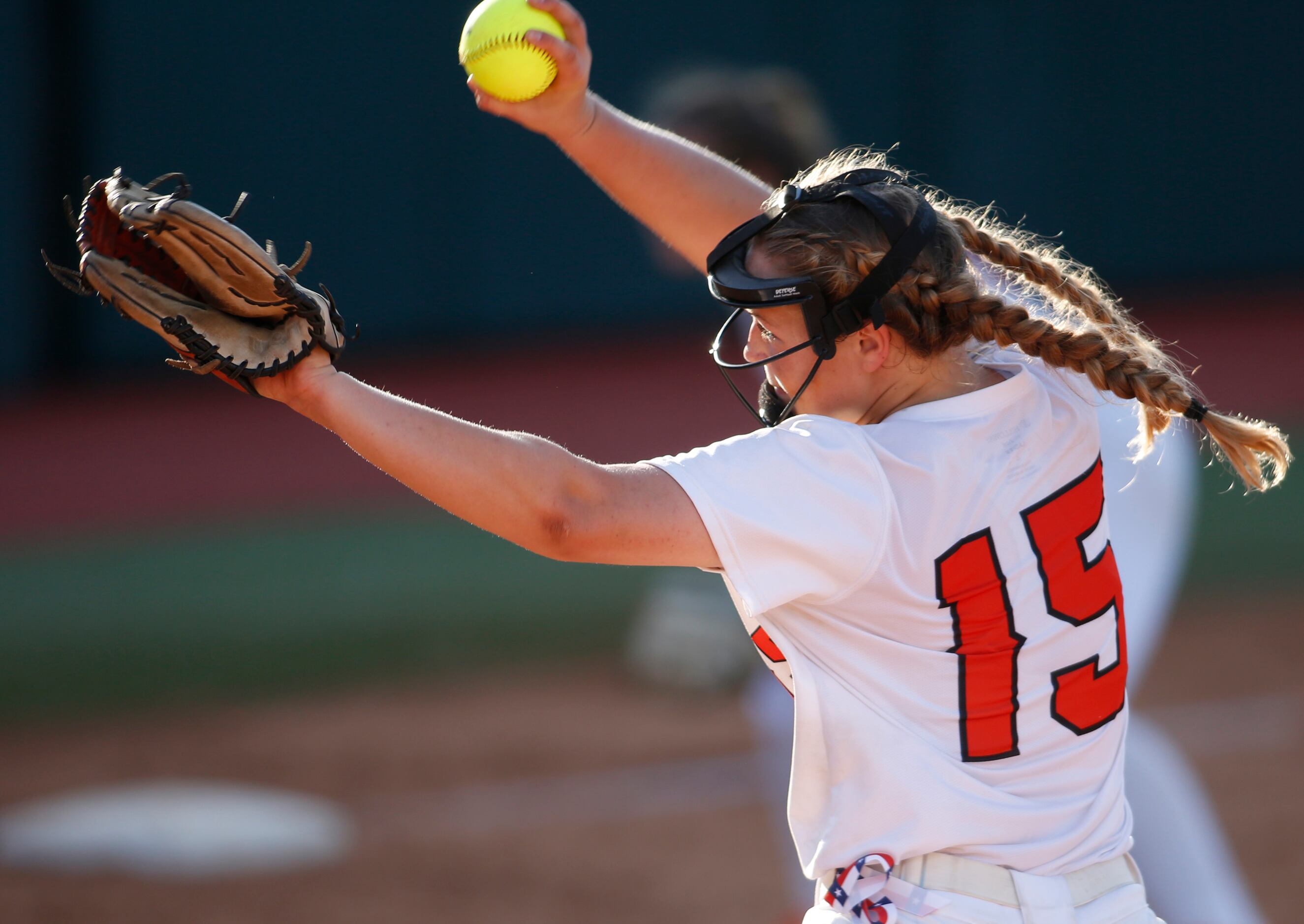Aledo pitcher Kayleigh Smith (15) delivers a pitch to a Barbers Hill batter during the top...