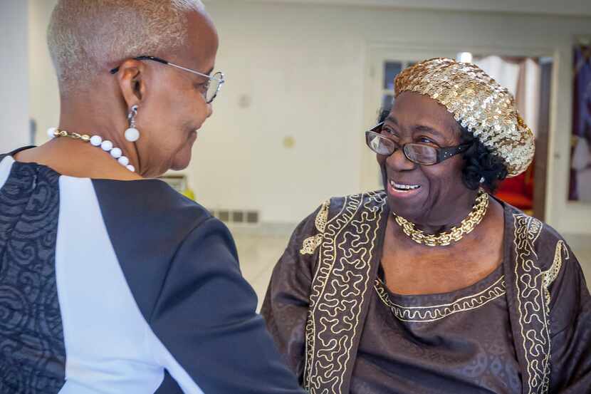 Artie Giles (right) greets Sis Carolyn at Lifeway Church in Dallas. In August, at age 85,...