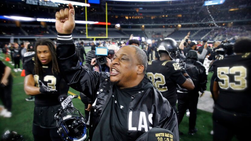 South Oak Cliff head coach Jason Todd celebrates their Class 5A Division II state football...