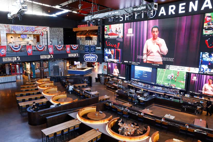 The 100-foot TV screen is a major draw inside Texas Live!'s namesake restaurant and sports bar.