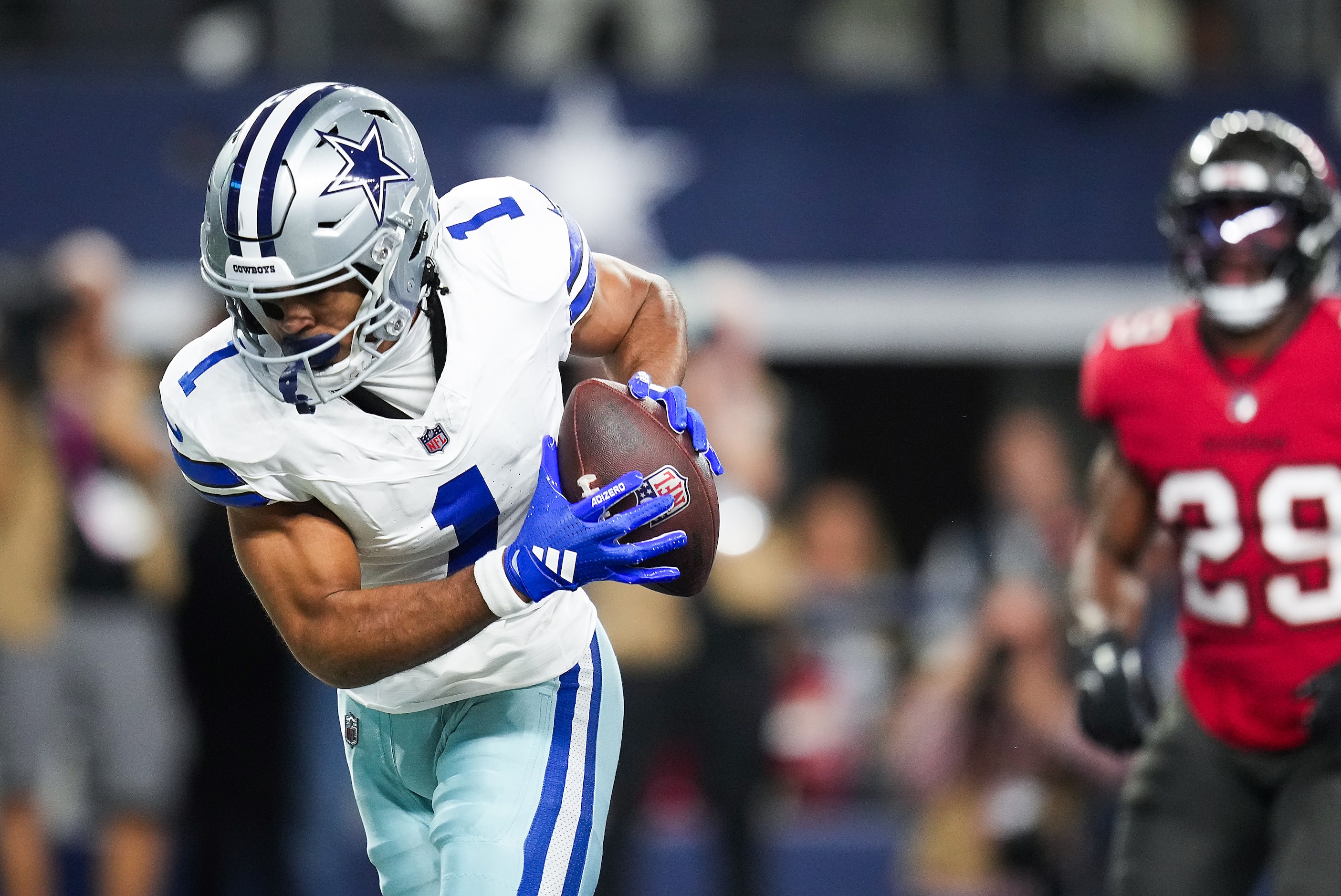 Dallas Cowboys wide receiver Jalen Tolbert (1) catches a touchdown pass during the first...