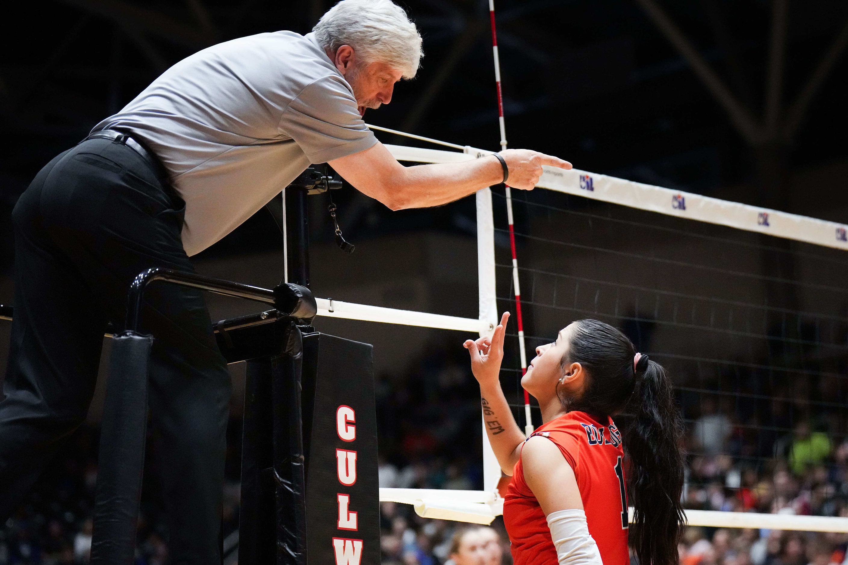 McKinney North's Gabi Rodriguez talks with an official during the UIL Class 5A Division I...