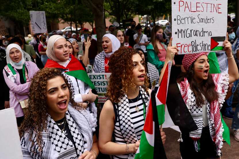 Sisters Iman (from left), Jumana, and Soondos Aboukarr were part of the pro-Palestine crowd...