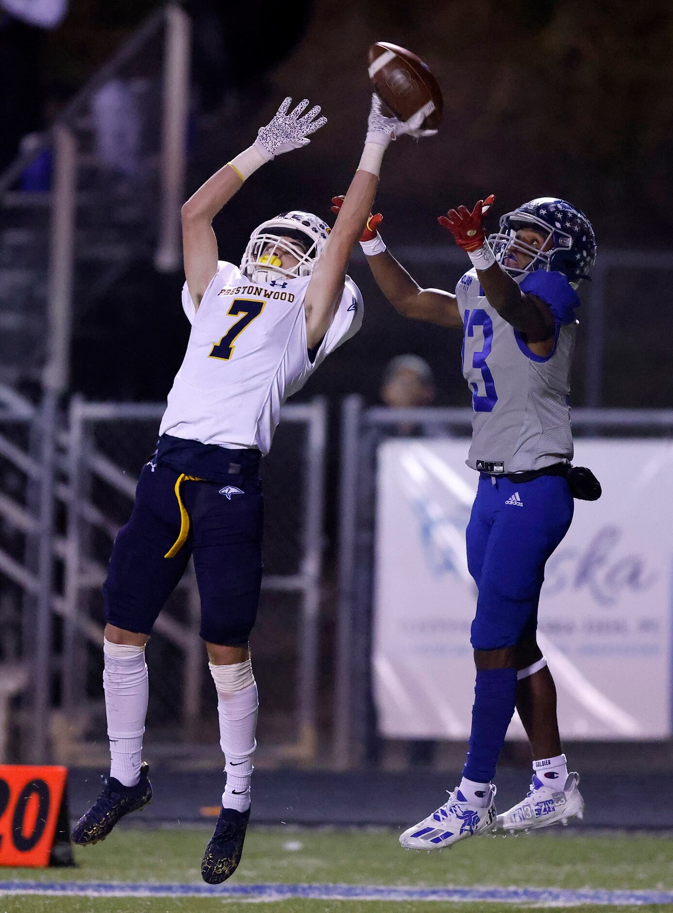 On fourth down, Plano Prestonwood Christian Academy Jack McCraw (7) tips a pass away from...