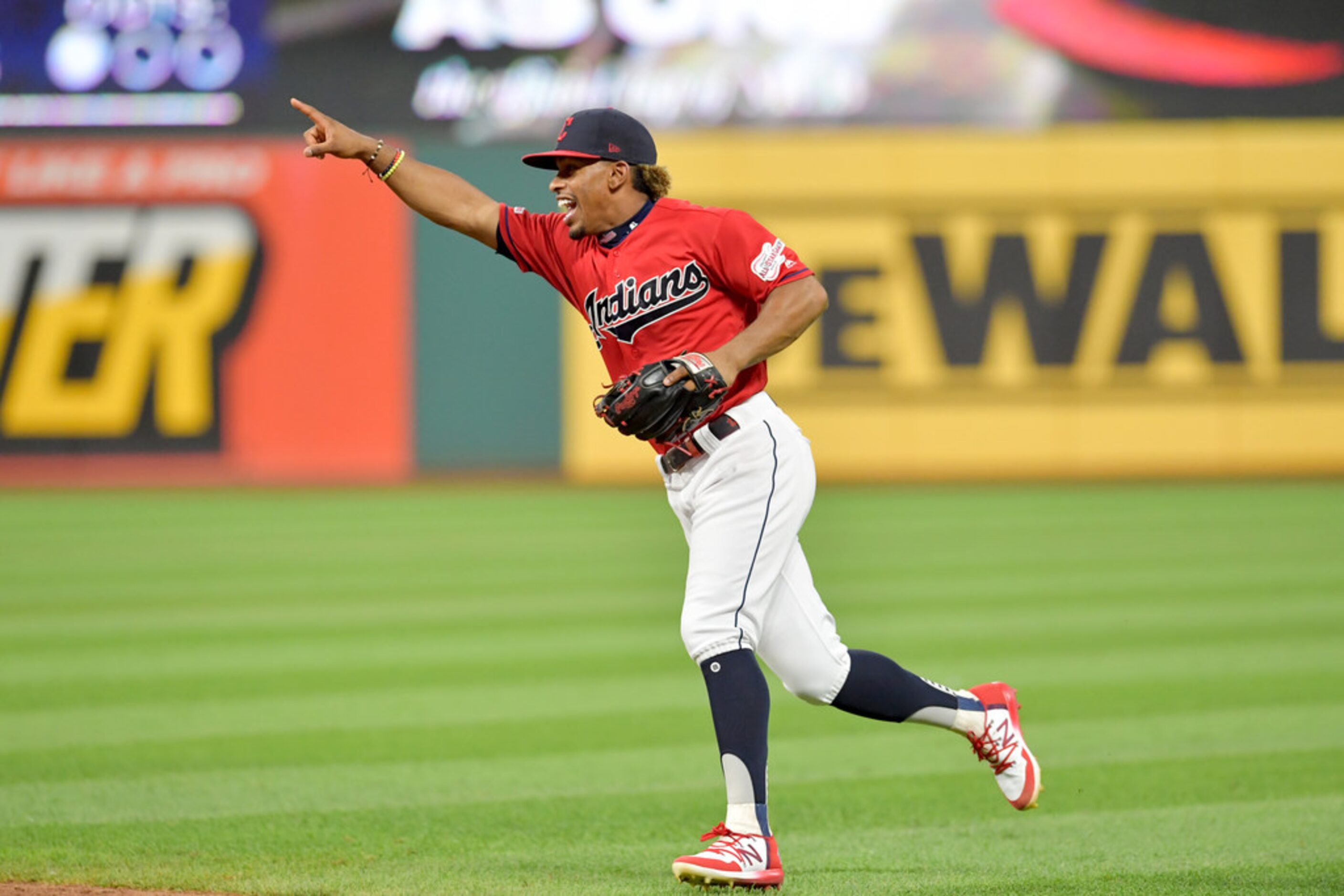 CLEVELAND, OHIO - AUGUST 05: Francisco Lindor #12 of the Cleveland Indians celebrates after...