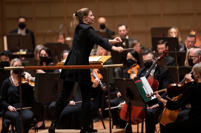Principal guest conductor Gemma New leads the Dallas Symphony Orchestra in a concert at the...