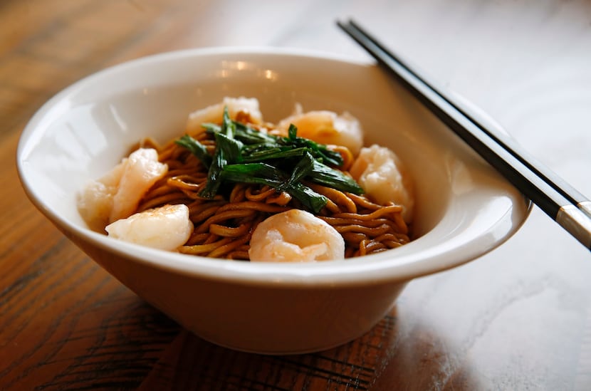 Hand-pulled noodles with shrimp, scallion and soy