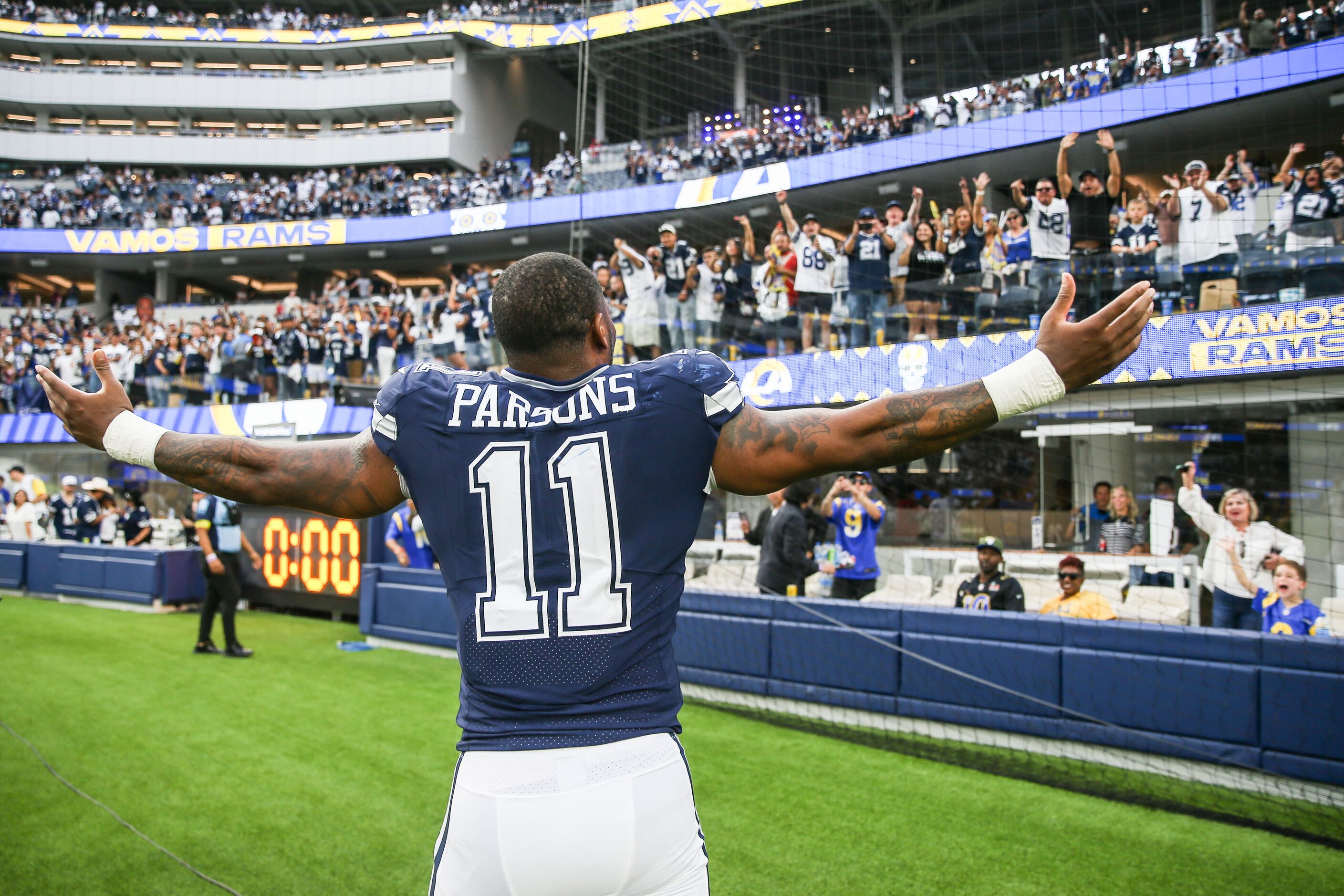 Dallas Cowboys linebacker Micah Parsons (11) celebrates after win the game against Los...